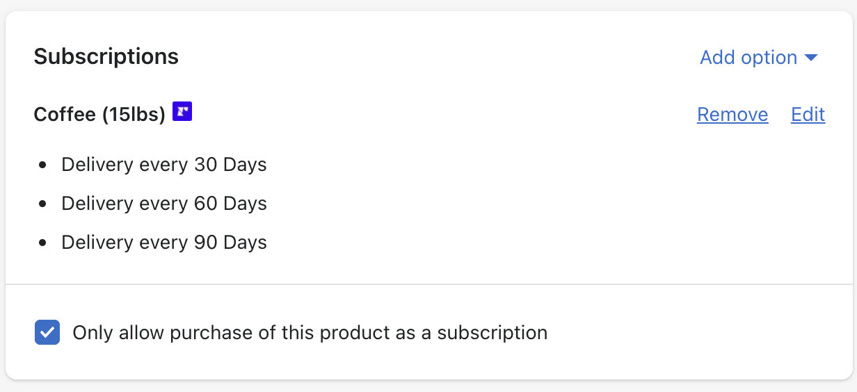 Shopify admin product page subscription section