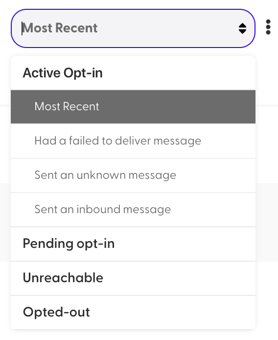 RechargeSMS customer status filter drop-down menu
