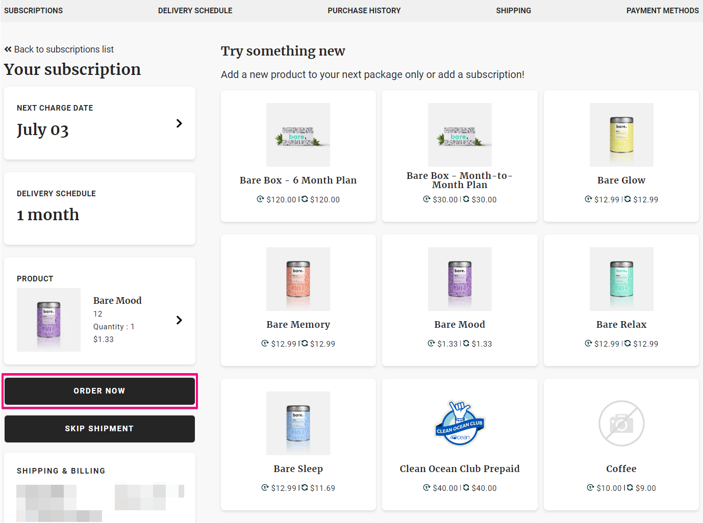 Novum customer portal page highlighting the Order Now button