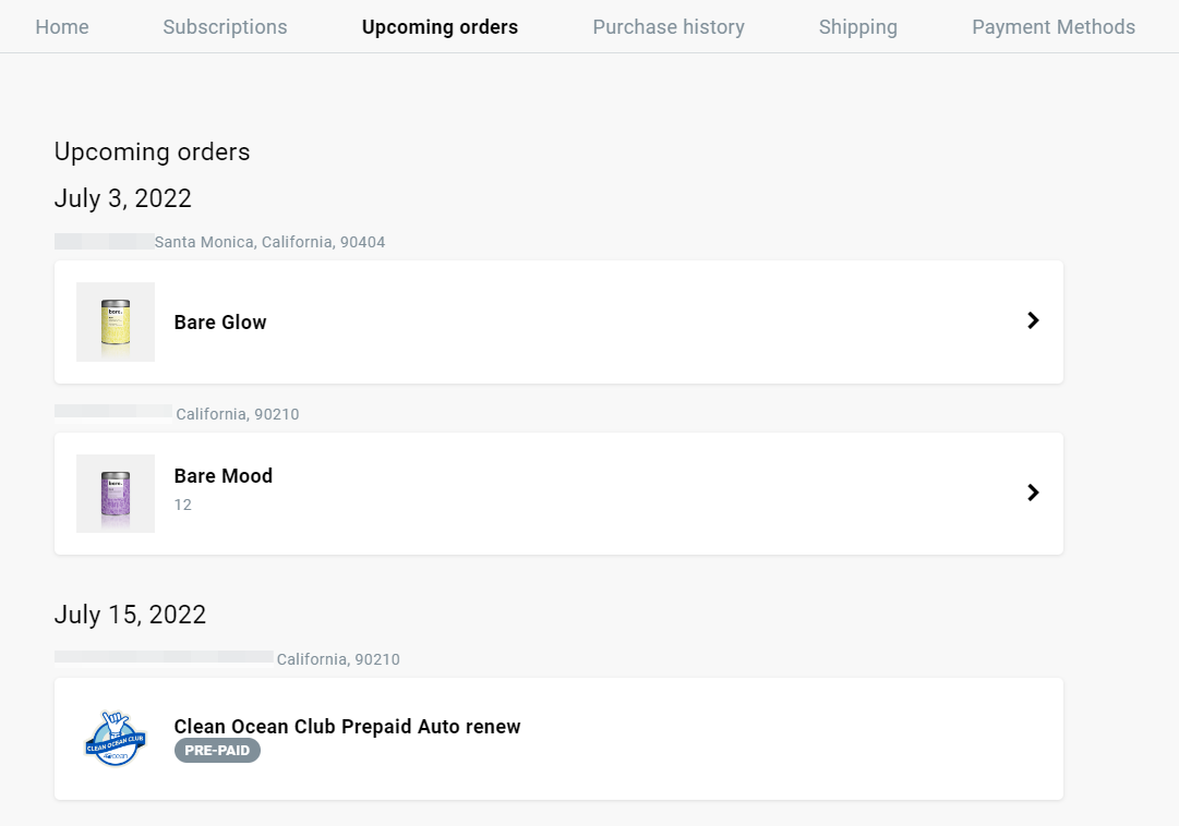 shows two subcriptions with the same order date grouped together for ease of view