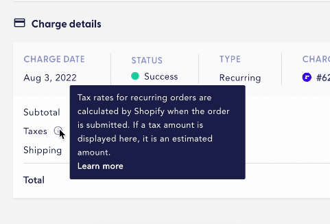 taxes information hover over on order