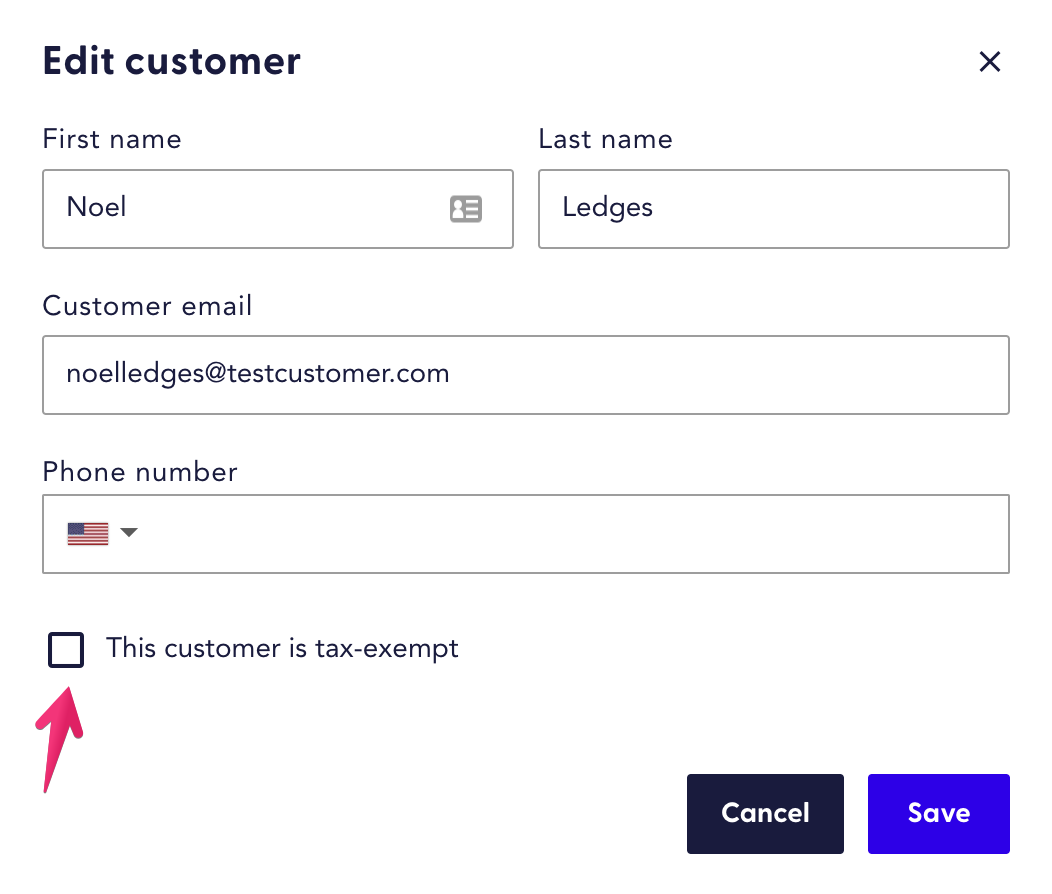From the Edit customer window, click the tax-exempt toggle