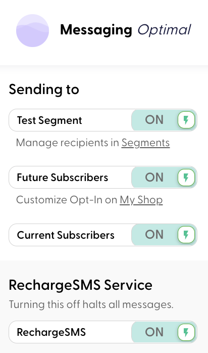 Messaging status indicator shows all toggles turned on
