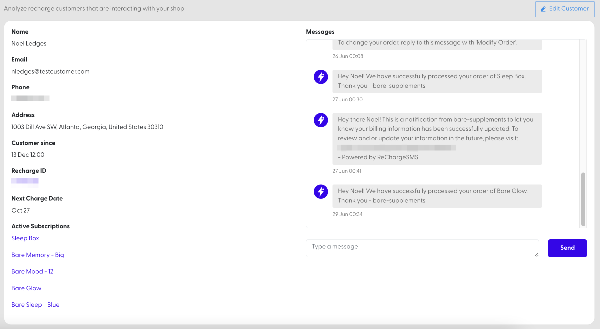 The customer profile in RechargeSMS
