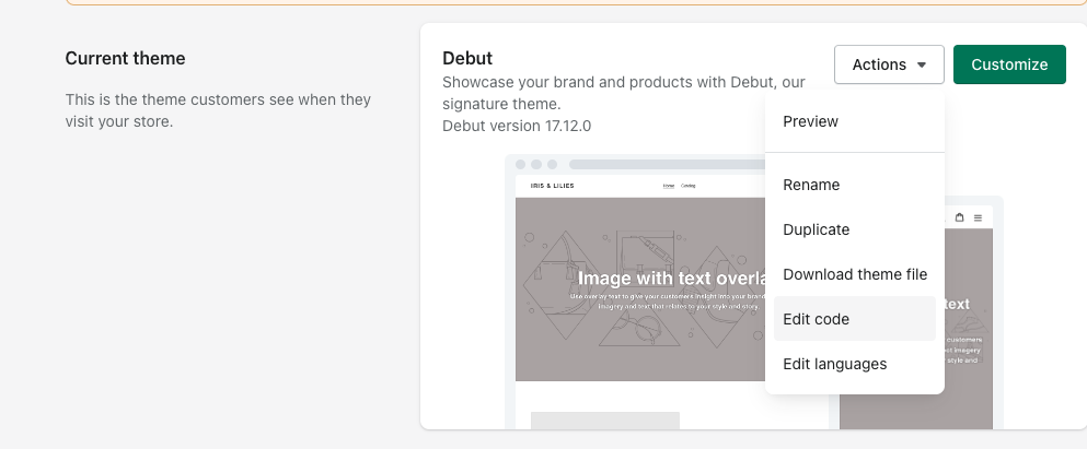 Edit code from your Current theme in Shopify